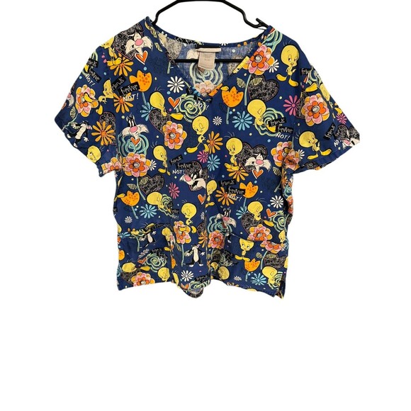 Looney Tunes Tweety Bird & Sylvester Scrub Top Women’s Size XL Blue V-Neck - Picture 1 of 7